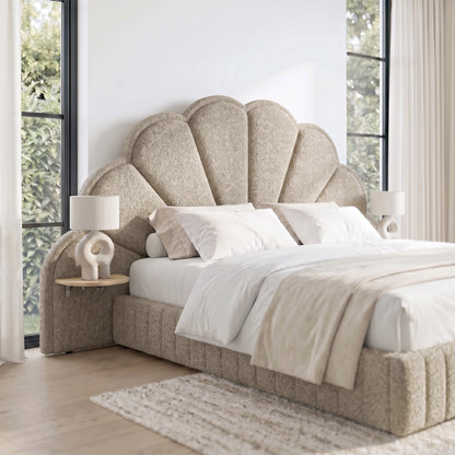 Clove King Scallop-Fan Headboard in Warm Beige Boucle with integrated side table, styled with white bedding