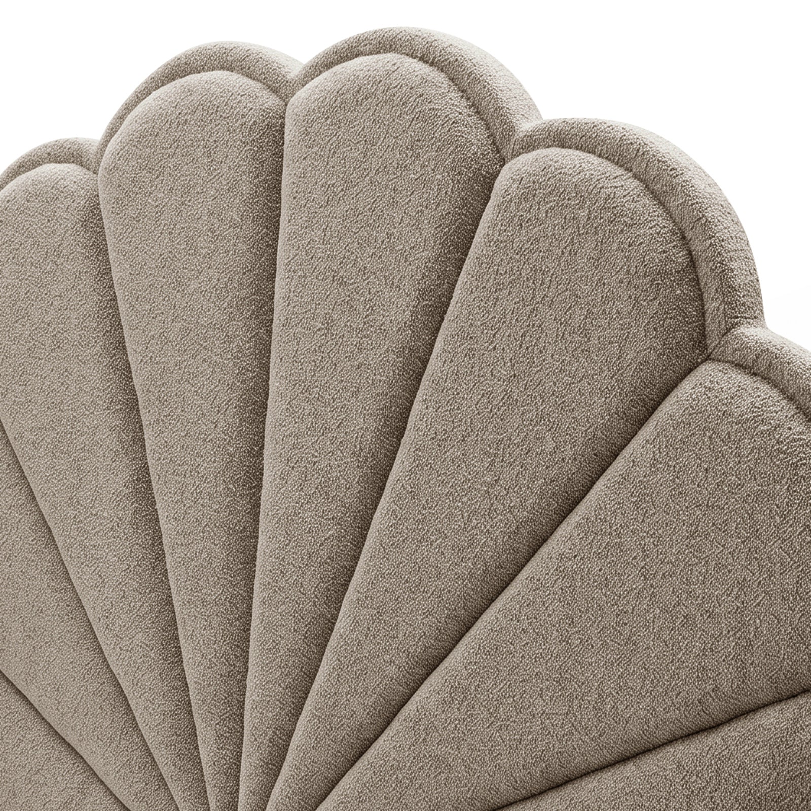 Close-up of Clove King Scallop-Fan Headboard in warm beige boucle fabric showing curved fan-shaped panels