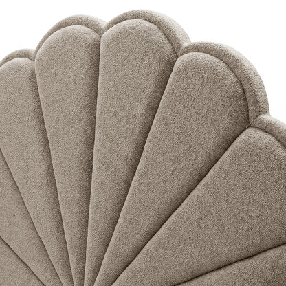 Close-up of Clove King Scallop-Fan Headboard in warm beige boucle fabric showing curved fan-shaped panels