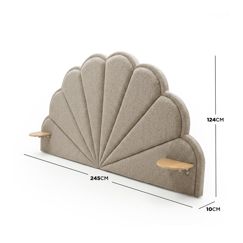 Clove King Scallop-Fan Headboard in Warm Beige Boucle with built-in timber side shelves, dimensions 245cm wide x 124cm high x