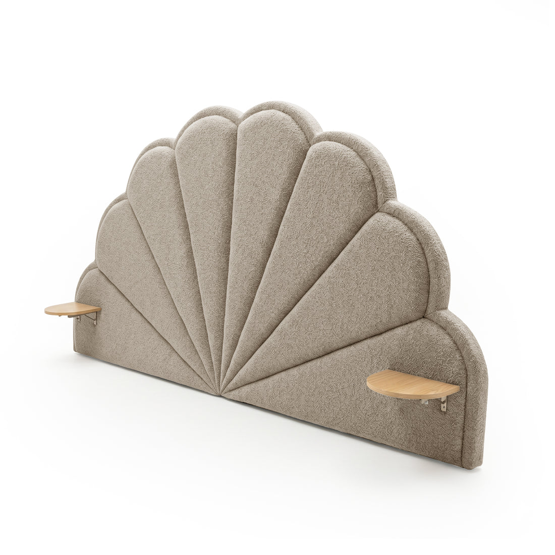 Clove King Scallop-Fan Headboard in Warm Beige Boucle with two timber swivel shelves