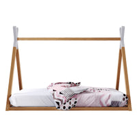 Helena Kids Single Solid Pine Teepee Bed Frame in Natural with pink, white and black patterned bedding
