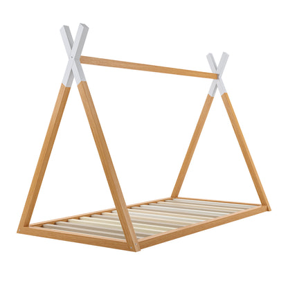 Helena Kids Single Solid Pine Teepee Bed Frame in Natural, featuring an A-frame design with triangular supports and slatted mattress platform, perfect for a cozy, playful children's bedroom.