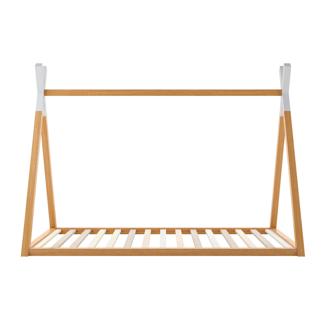 Helena Kids Single Solid Pine Teepee Bed Frame in Natural, featuring a minimalist A-frame design with a slatted base for storage, embodying a cozy, playful retreat for children's bedrooms.