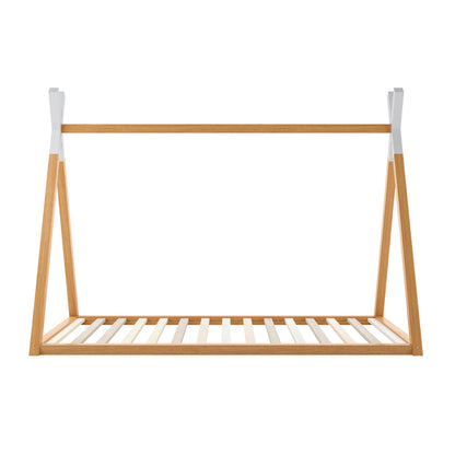 Helena Kids Single Solid Pine Teepee Bed Frame in Natural, featuring a minimalist A-frame design with a slatted base for storage, embodying a cozy, playful retreat for children's bedrooms.