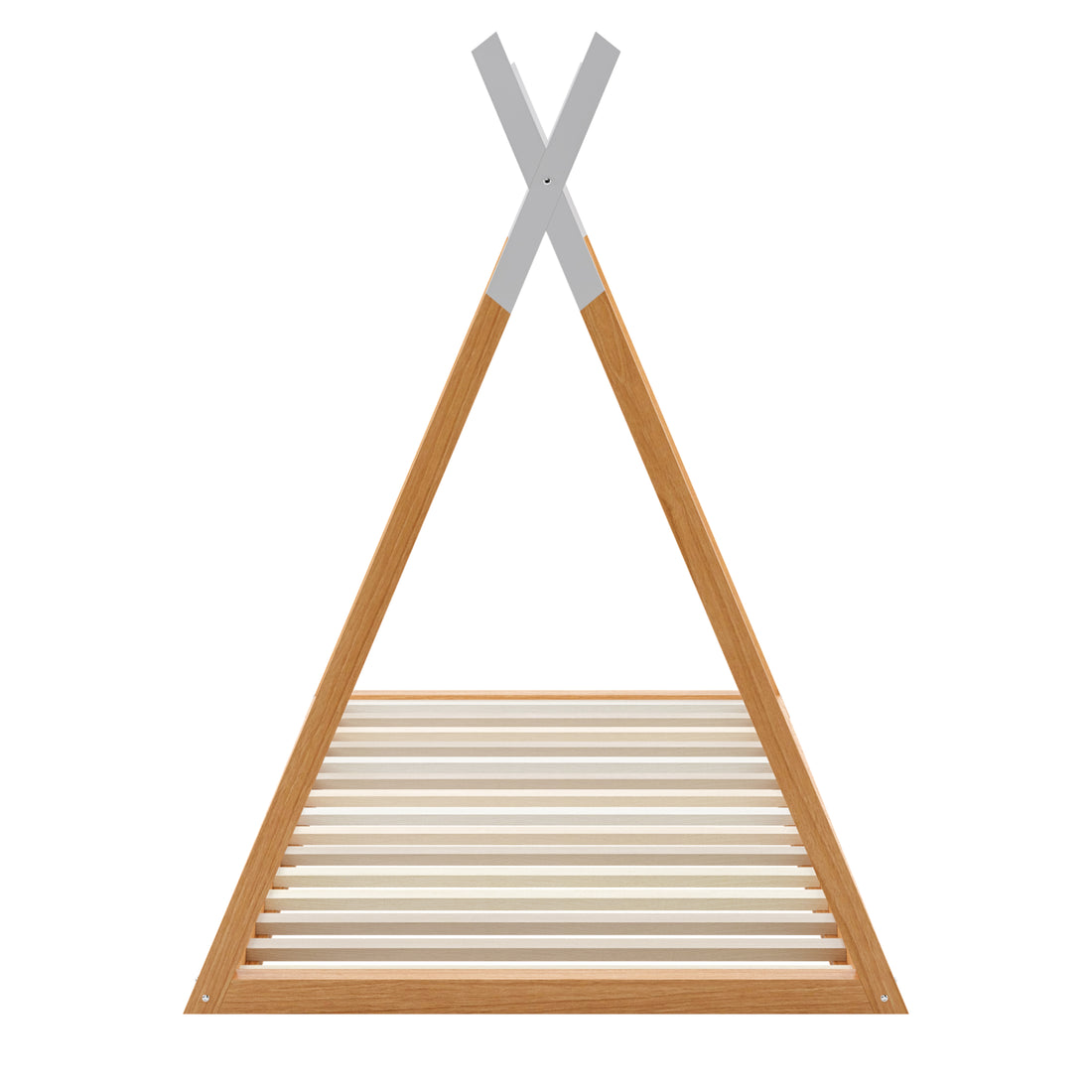 Helena Kids Single Solid Pine Teepee Bed Frame in Natural, showcasing a light wood A-frame design with crossed beams on a triangular base of slats, highlighting its playful, sturdy construction.