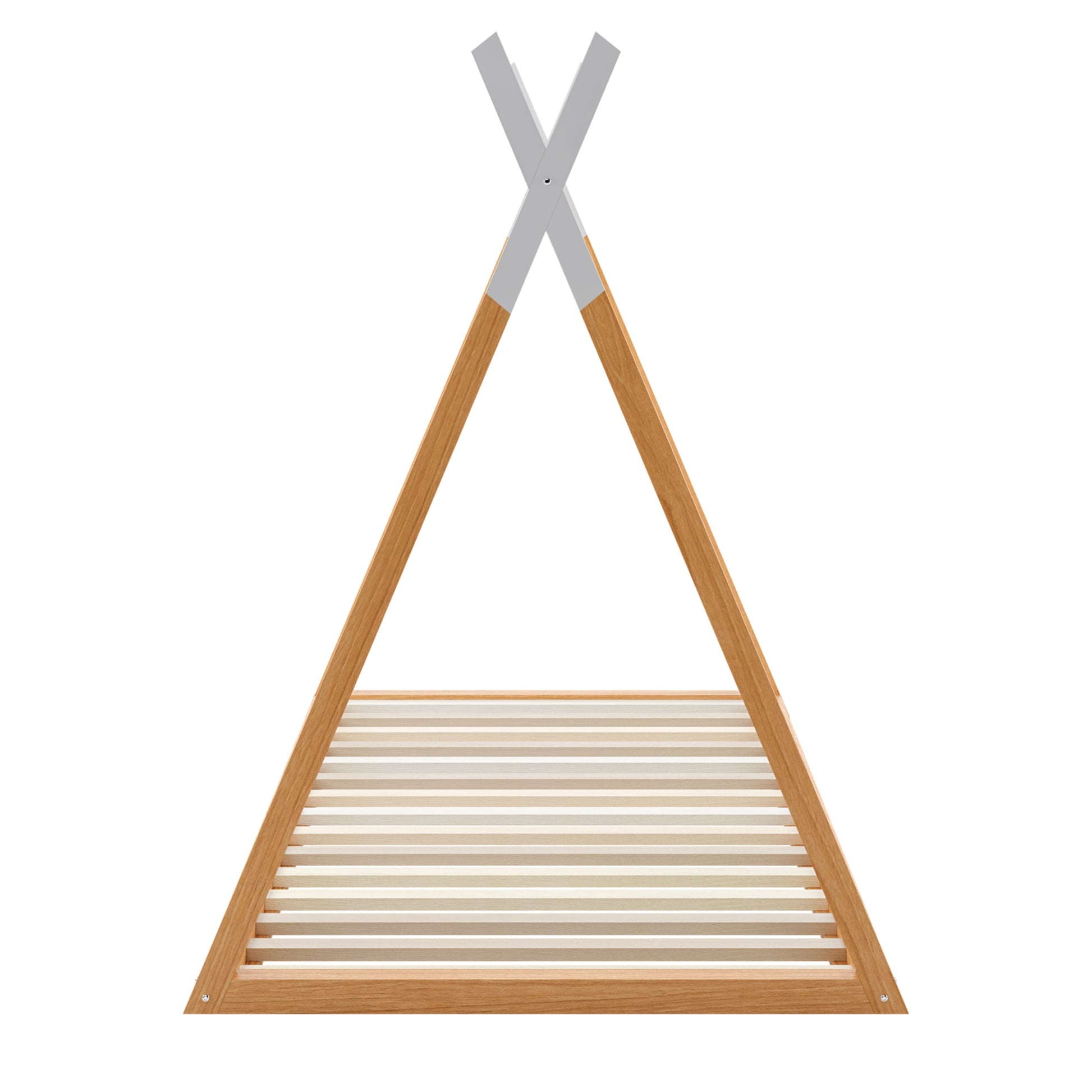 Helena Kids Single Solid Pine Teepee Bed Frame in Natural, showcasing a light wood A-frame design with crossed beams on a triangular base of slats, highlighting its playful, sturdy construction.