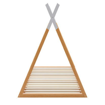 Helena Kids Single Solid Pine Teepee Bed Frame in Natural, showcasing a light wood A-frame design with crossed beams on a triangular base of slats, highlighting its playful, sturdy construction.