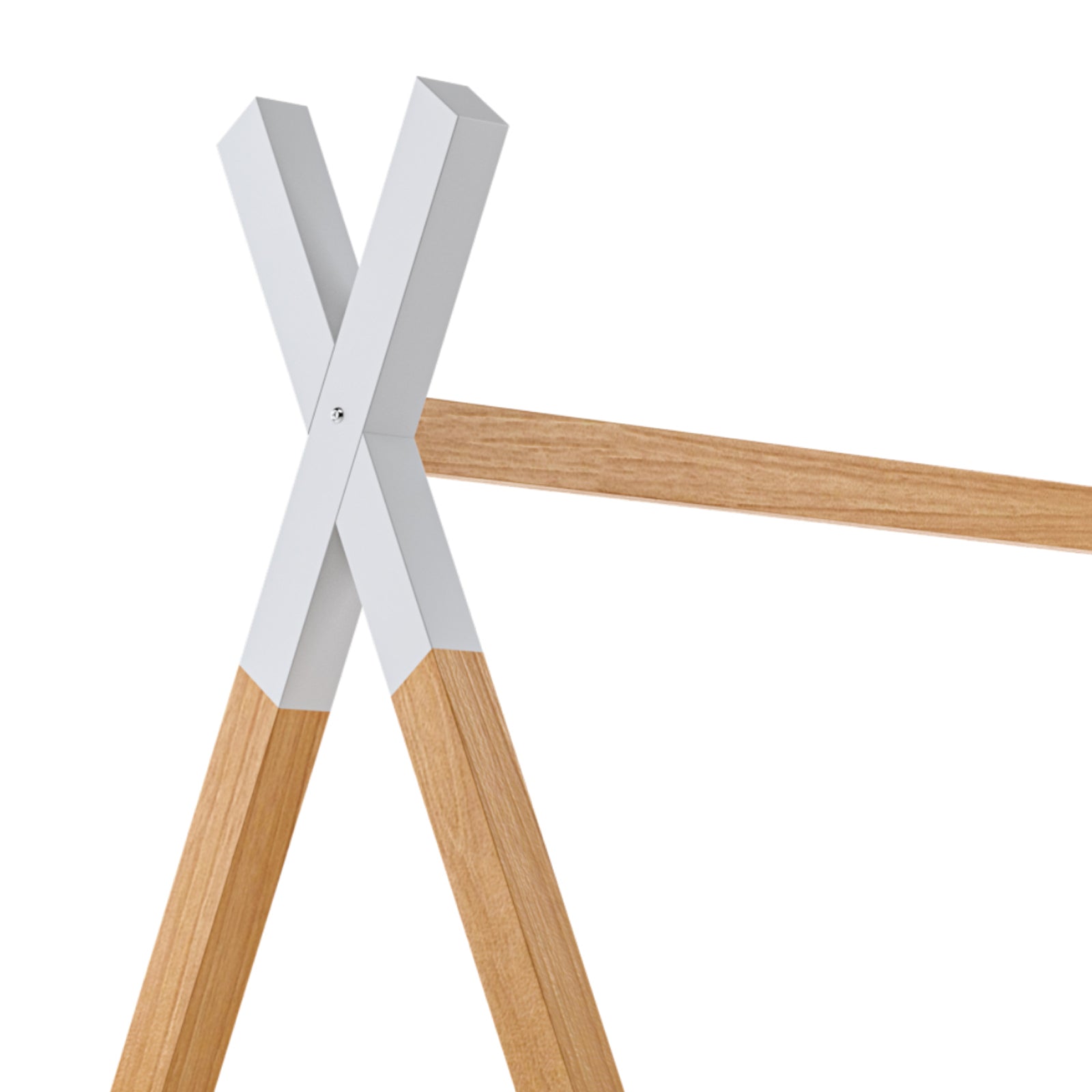 Close-up of the Helena Kids Single Solid Pine Teepee Bed Frame in Natural, showing wooden legs crossed in an “X” shape with a white connector plate and horizontal beam, highlighting its sturdy tripod design.