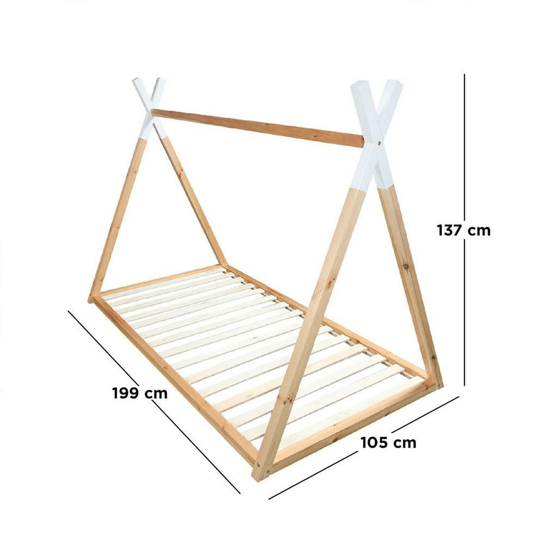 Helena Kids Single Solid Pine Teepee Bed Frame in Natural, showcasing a low A-frame design with wooden slats, suitable for a child's single mattress, emphasizing playful and safe bedroom decor.