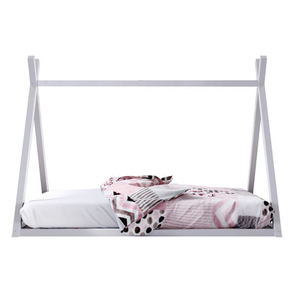Helena Kids Single Solid Pine Teepee Bed Frame in White, shaped like a house, fitted with pink-patterned bedding; designed for children's imaginative play and easy access.