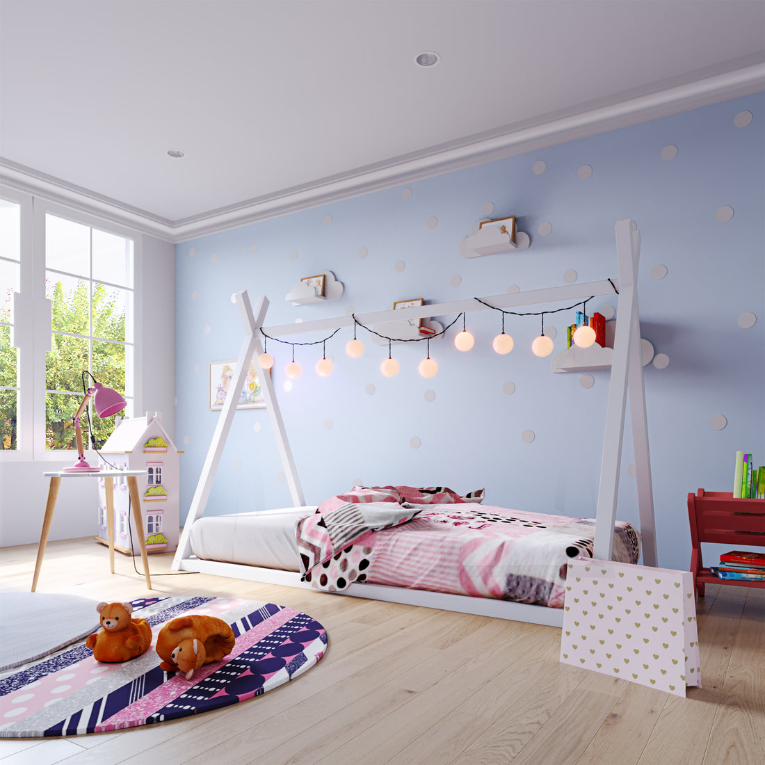Helena Kids Single Solid Pine Teepee Bed Frame in White, adorned with a pink duvet and string lights, set in a playful child's room with a multicolored rug and plush toys.