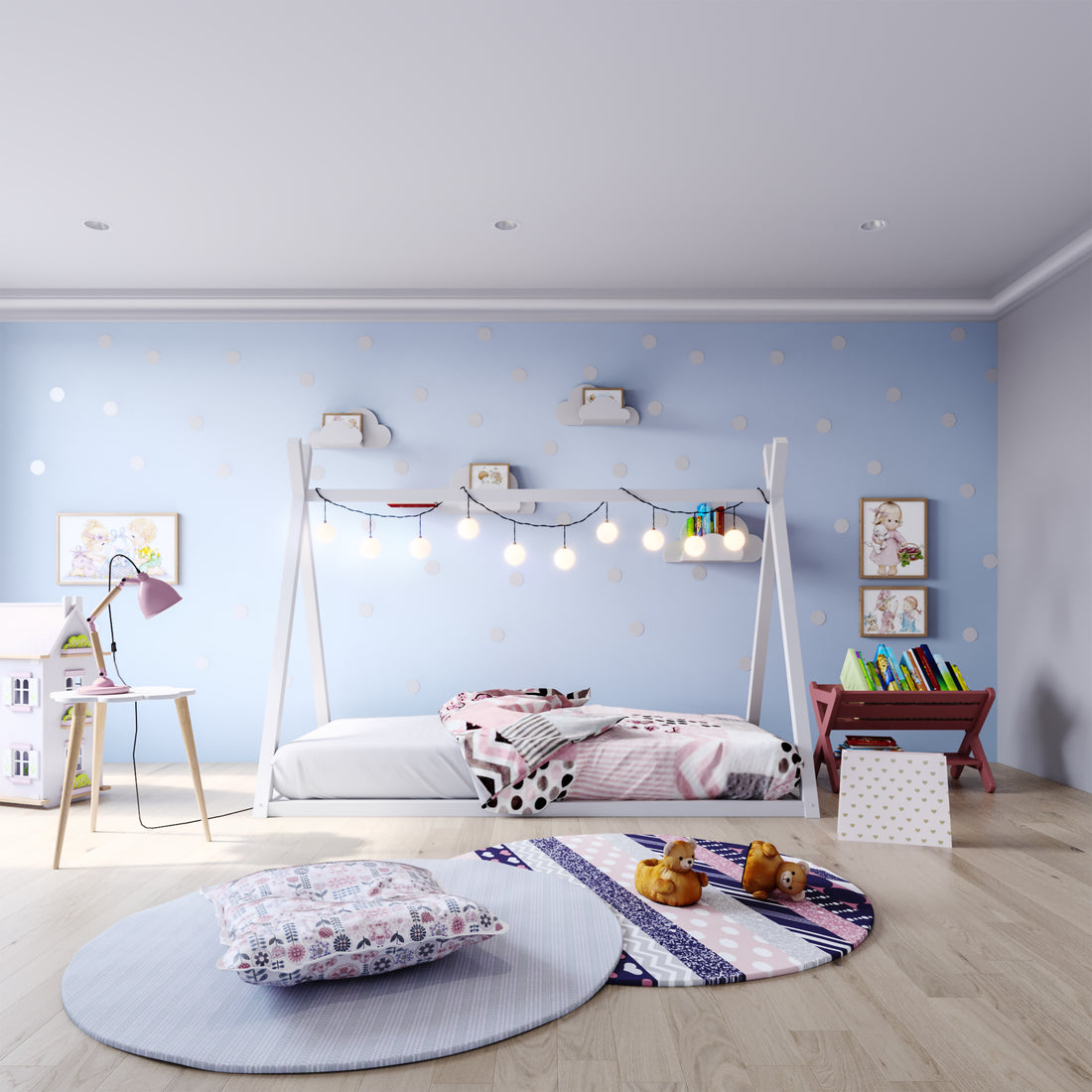 Helena Kids Single Solid Pine Teepee Bed Frame in White, featuring a cozy teepee design adorned with globe fairy-lights, against a pastel-themed room with playful decor elements and children's accessories.