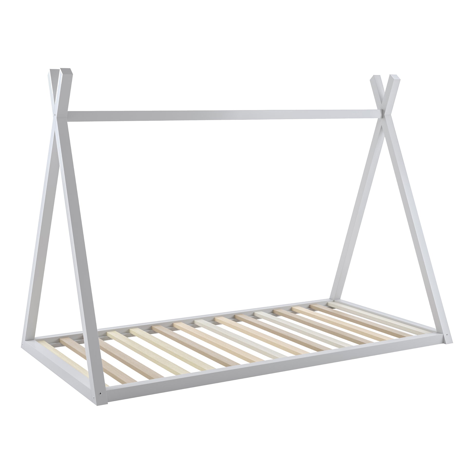 Helena Kids Single Solid Pine Teepee Bed Frame in White, featuring a minimalist design with A-shape end supports and natural-wood slats, creating a playful, tent-like silhouette for children's bedrooms.