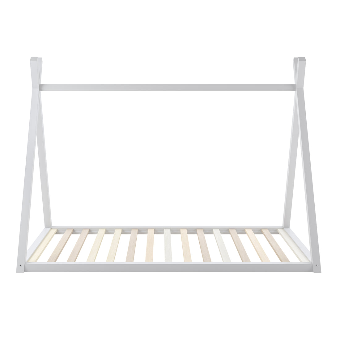 Helena Kids Single Solid Pine Teepee Bed Frame in White, features a minimalist design with A-shaped house end pieces and a slatted platform, perfect for a child's creative and cozy retreat.