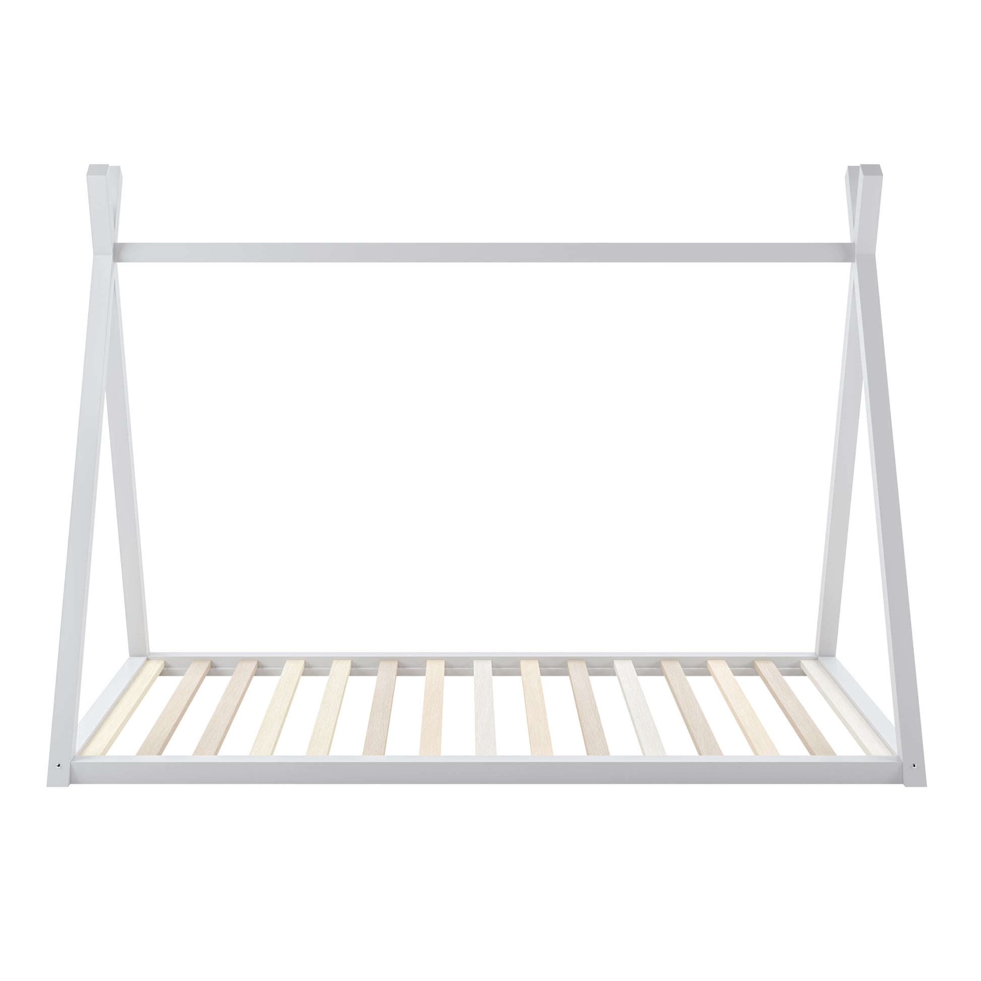 Helena Kids Single Solid Pine Teepee Bed Frame in White, features a minimalist design with A-shaped house end pieces and a slatted platform, perfect for a child's creative and cozy retreat.