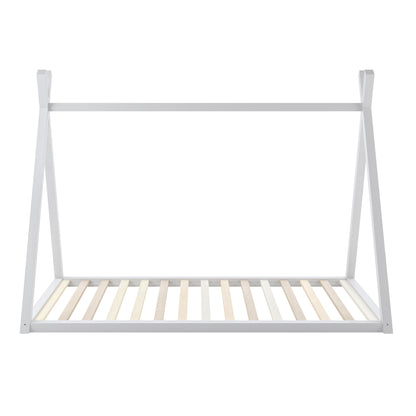 Helena Kids Single Solid Pine Teepee Bed Frame in White, features a minimalist design with A-shaped house end pieces and a slatted platform, perfect for a child's creative and cozy retreat.