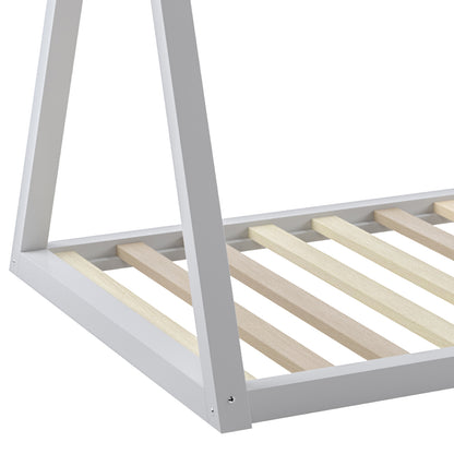 Helena Kids Single Solid Pine Teepee Bed Frame in White, featuring a triangular A-frame support with natural wood slats for mattress support, designed for a cozy, creative children's bedroom retreat.