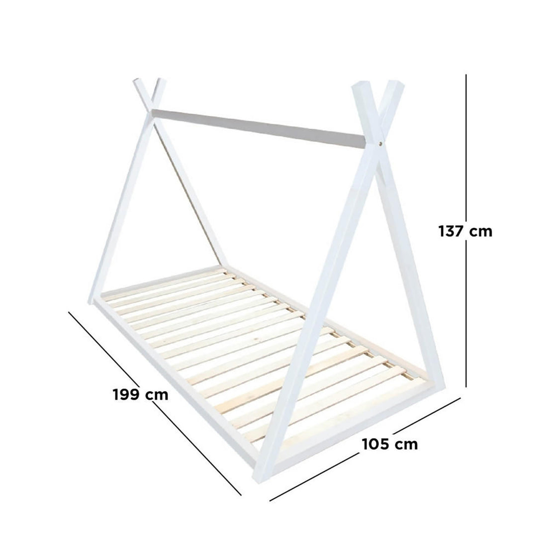 Helena Kids Single Solid Pine Teepee Bed Frame in White, featuring a house-style design with slatted base, A-shaped ends, and top cross-beam; measures approximately 199x105x137 cm, perfect for creative children's spaces.