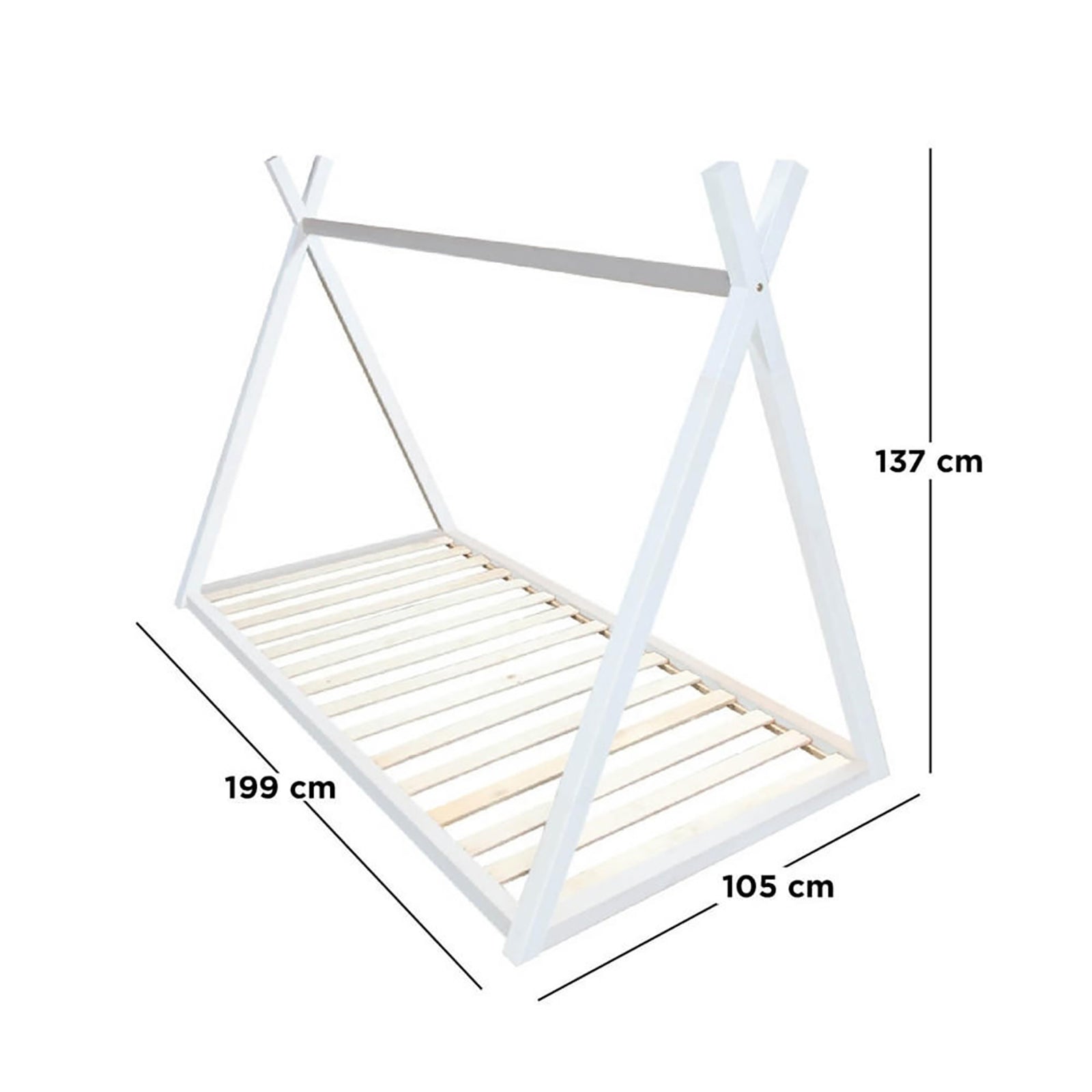 Helena Kids Single Solid Pine Teepee Bed Frame in White, featuring a house-style design with slatted base, A-shaped ends, and top cross-beam; measures approximately 199x105x137 cm, perfect for creative children's spaces.