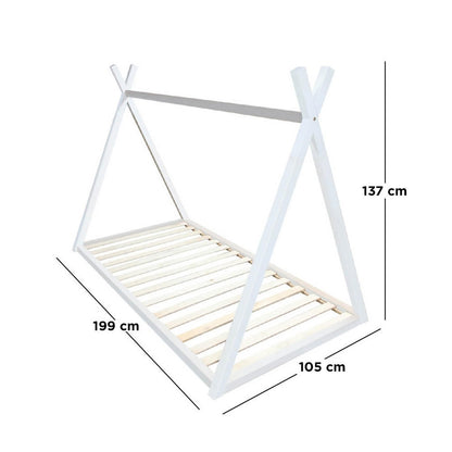 Helena Kids Single Solid Pine Teepee Bed Frame in White, featuring a house-style design with slatted base, A-shaped ends, and top cross-beam; measures approximately 199x105x137 cm, perfect for creative children's spaces.