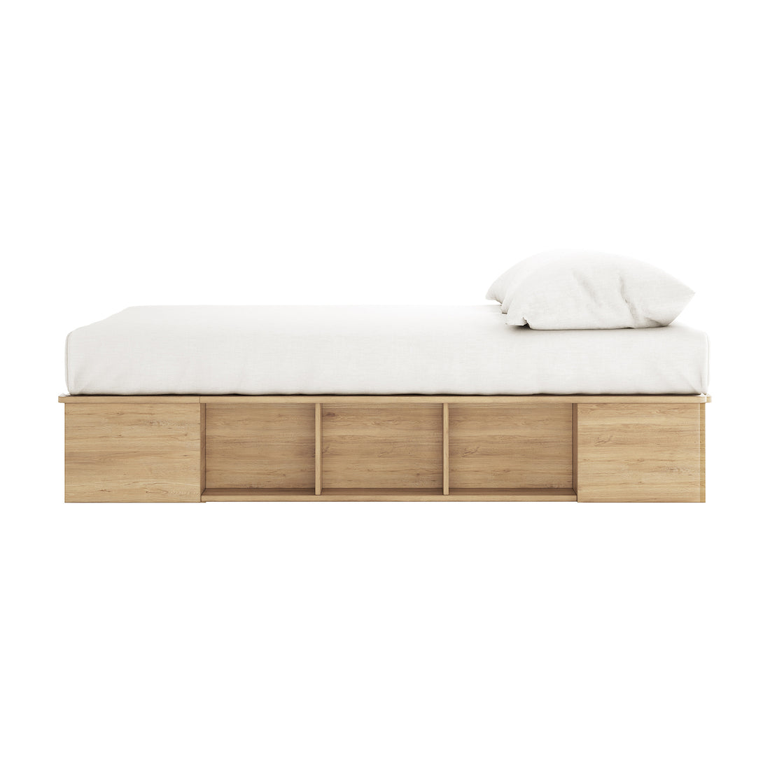 Herais Double Platform Bed Base with Storage in Oak, featuring a light-wood frame with built-in cubby storage and a white mattress, showcasing its practical and elegant design.