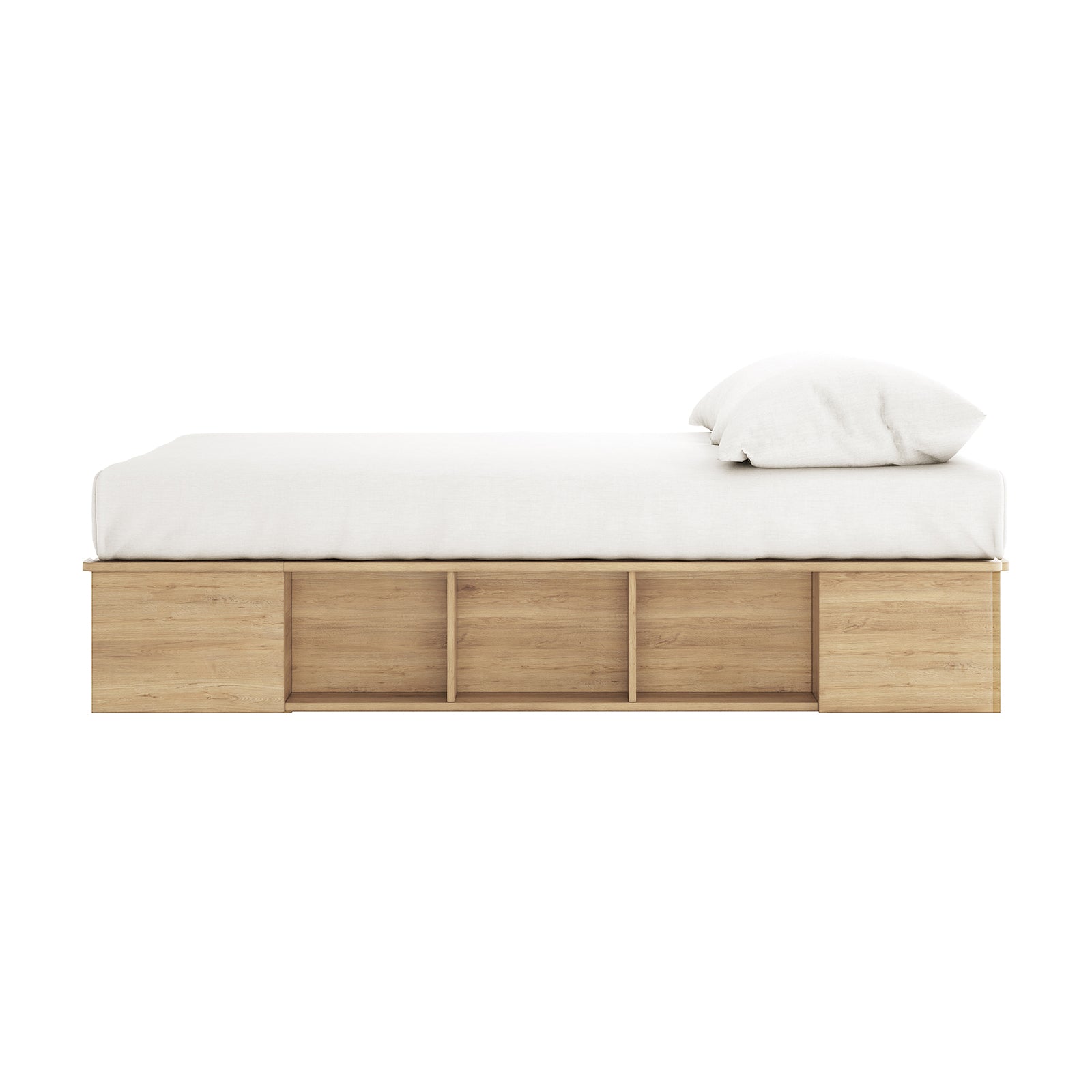 Herais Double Platform Bed Base with Storage in Oak, featuring a light-wood frame with built-in cubby storage and a white mattress, showcasing its practical and elegant design.