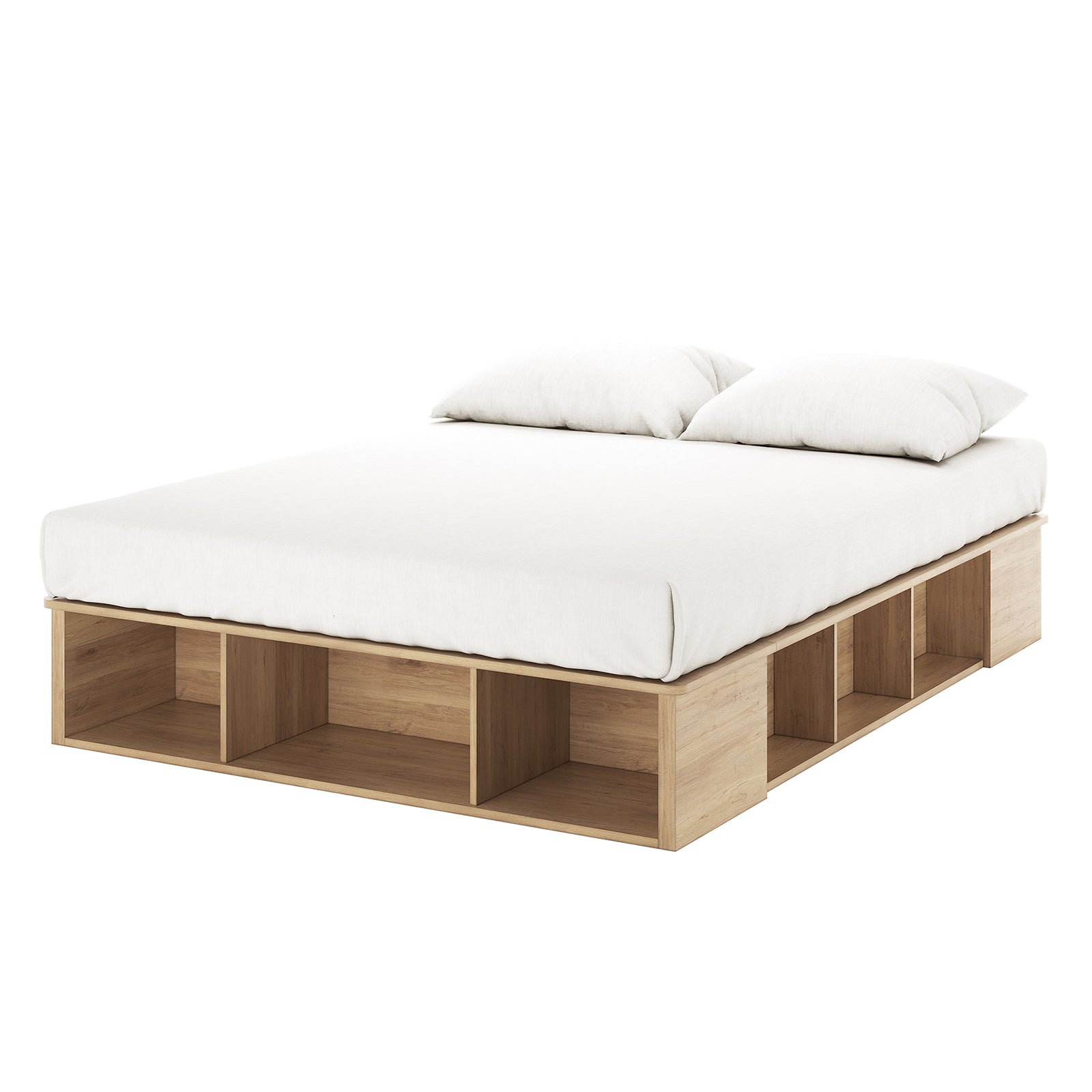 Herais Queen Platform Bed Base with Storage in Oak featuring low-profile design, light wood, and built-in open cubby storage around the base, topped with a white mattress and pillows.