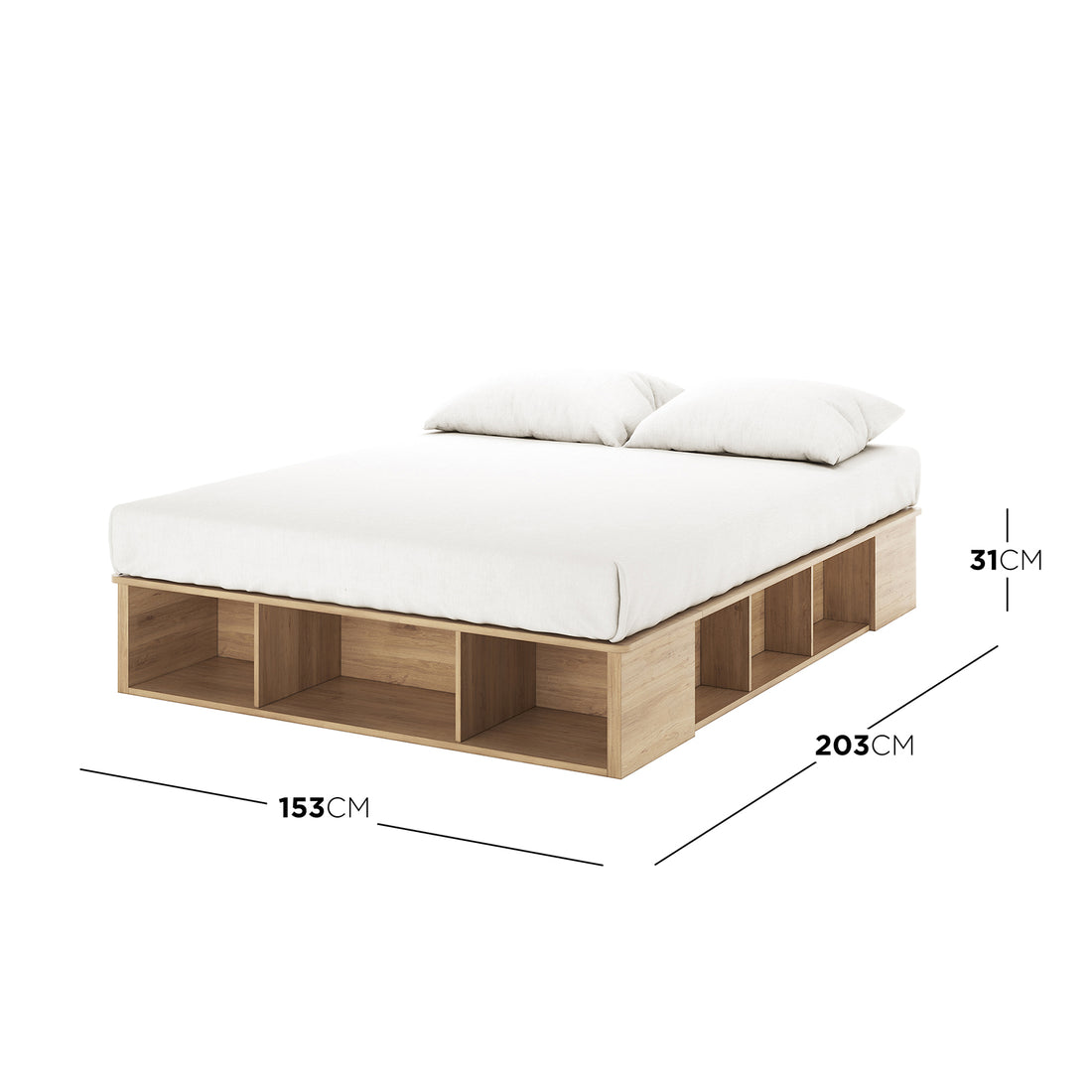 Herais Queen Platform Bed Base with Storage in Oak, showcasing a low-profile wooden frame with integrated open cubbies, mattress, and pillows. Features ten side compartments and two footboard cubbies.