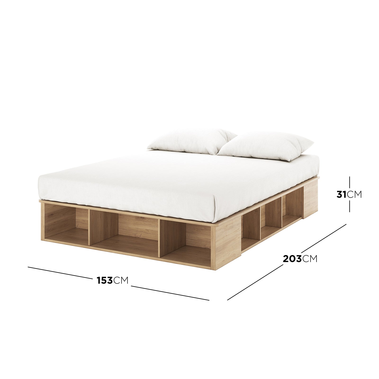 Herais Queen Platform Bed Base with Storage in Oak, showcasing a low-profile wooden frame with integrated open cubbies, mattress, and pillows. Features ten side compartments and two footboard cubbies.