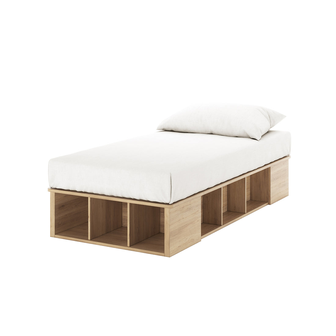 Herais Single Platform Bed Base with Storage in Oak, featuring a minimalist design with a white mattress, pillow on a light wood platform, and cubby-style storage compartments underneath.