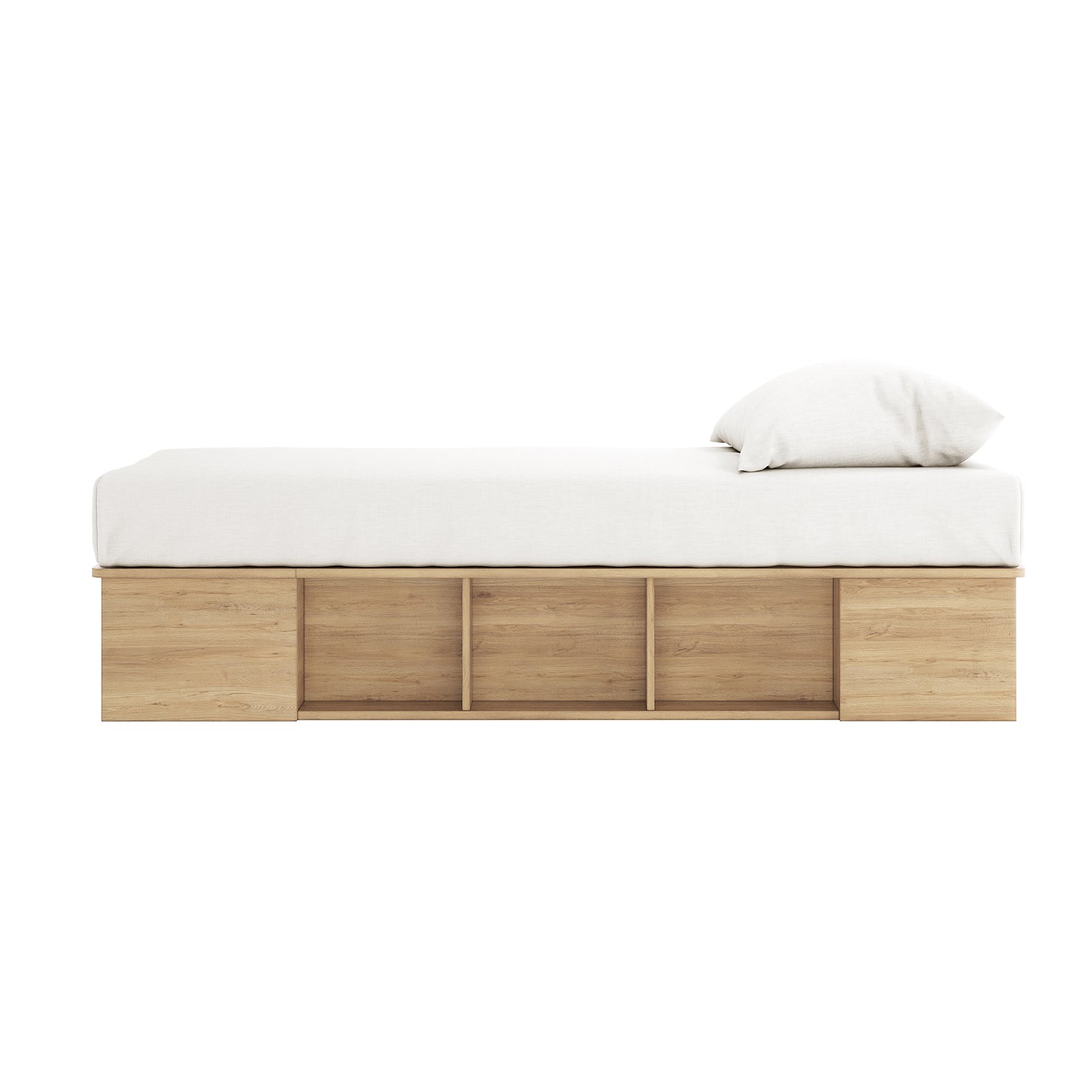 Herais Single Platform Bed Base with Storage in Oak, showcasing a minimalist wooden frame with a light oak finish, featuring three open cubby shelves, two enclosed drawers, and a white mattress.