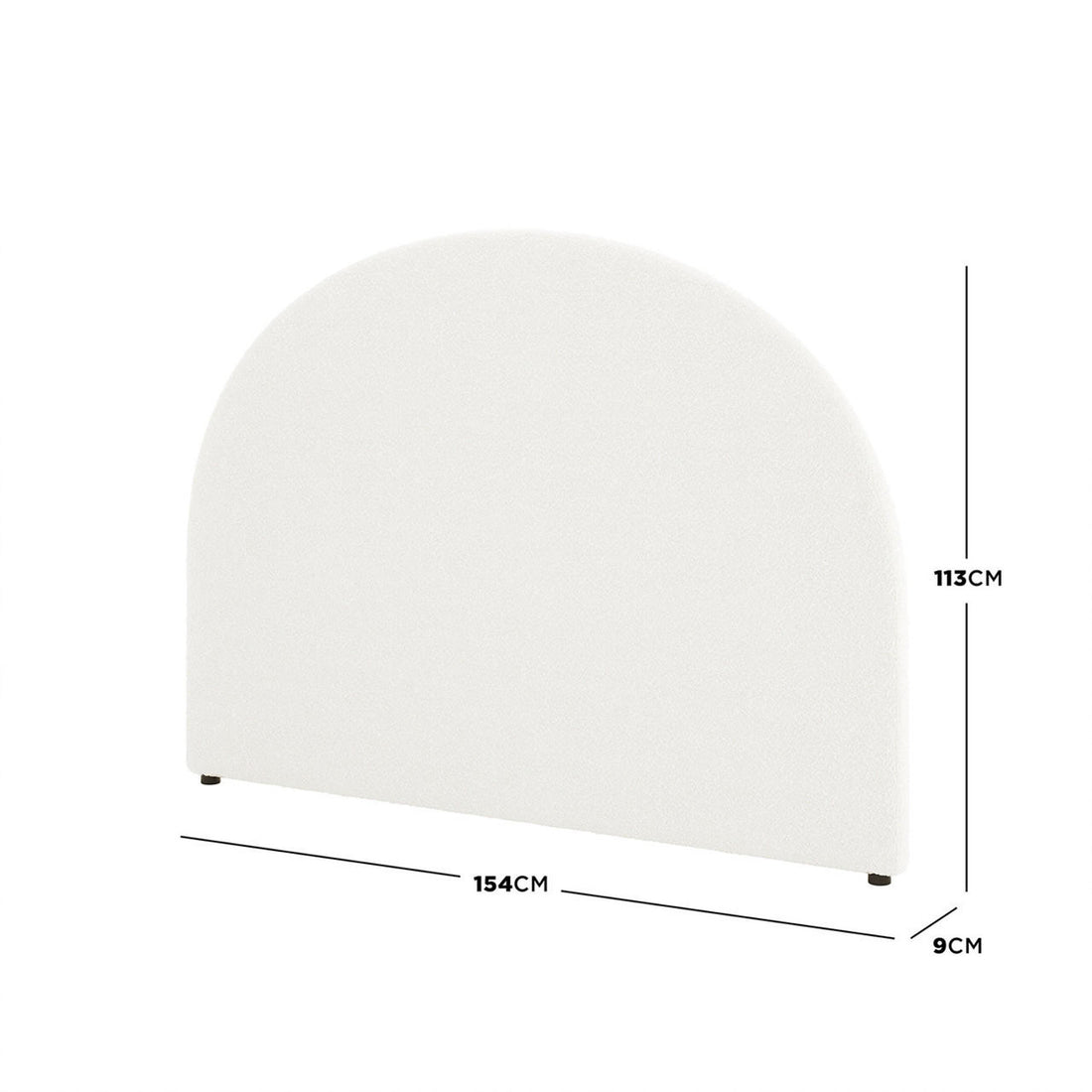 Florus Bouclé Double Upholstered Round Bed Headboard - Cream White features an arch shape with cream bouclé fabric, freestanding design, small spacers, and dimensions of 154cm wide, 113cm tall, and 9cm thick.