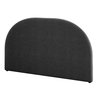 Florus King Arched Boucle Fabric Headboard in Black, featuring a gently rounded top, dark gray fabric, and small feet, designed to stand behind a bed, offering luxury and comfort.