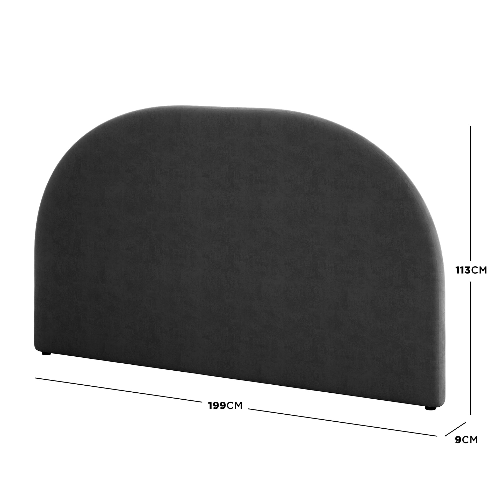 Florus King Arched Bouclé Fabric Headboard in Black, featuring a rounded top, upholstered dark-grey fabric, freestanding design, and dimensions of 199cm wide, 113cm tall, and 9cm thick.