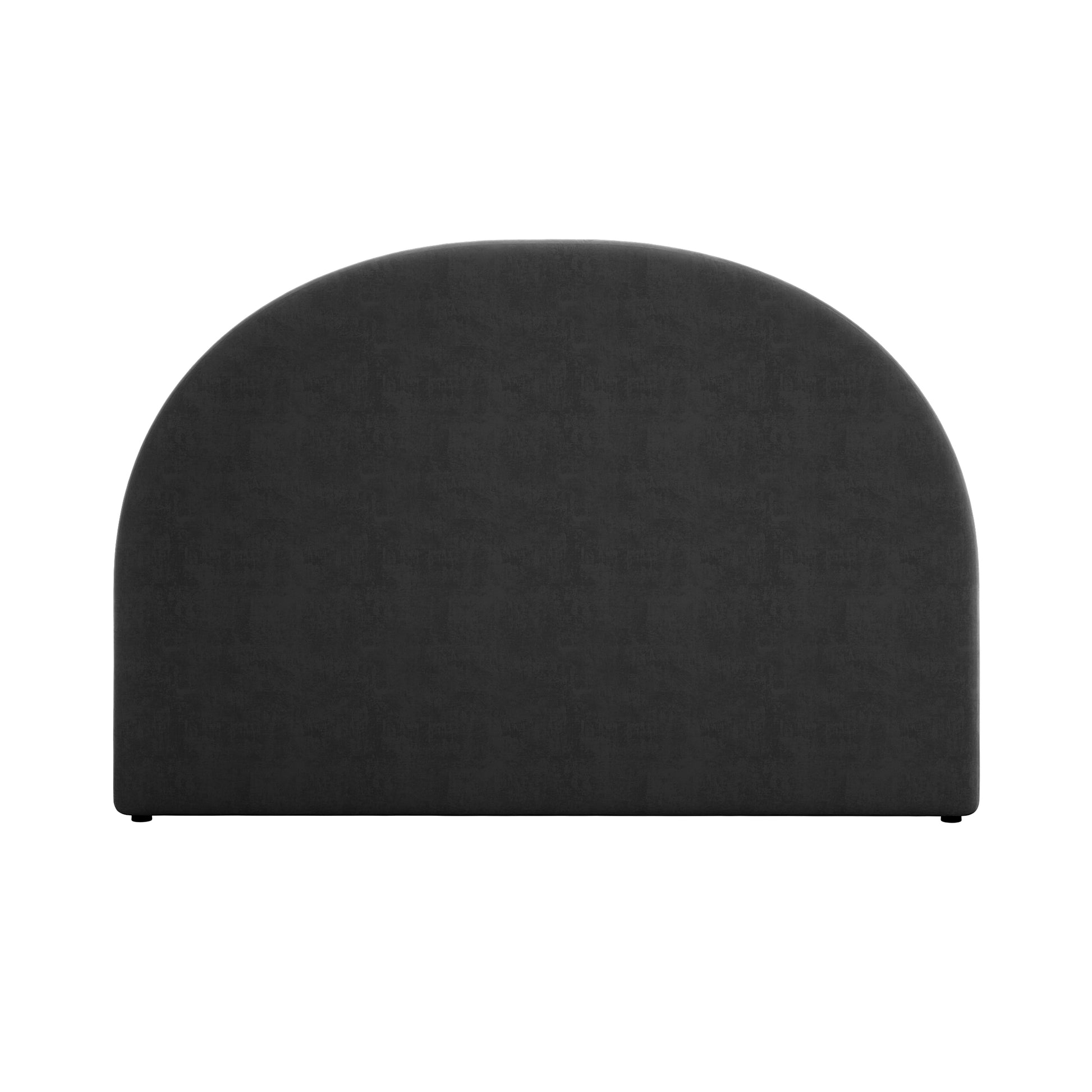 Florus Queen Arched Bouclé Fabric Headboard in Black features a smooth, semi-circular top and dark upholstery, resting on small feet, embodying modern sophistication and plush comfort.