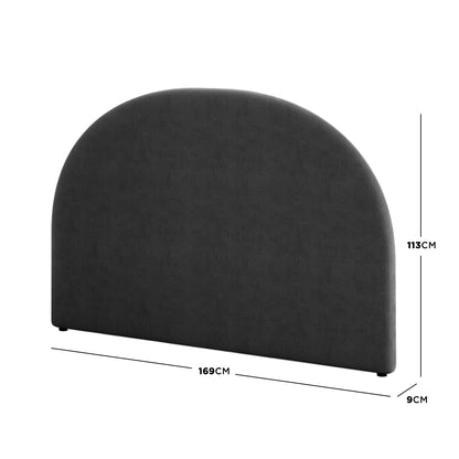 Florus Queen Arched Boucle Fabric Headboard in Black features a tall, rounded silhouette, upholstered in dark grey fabric, with dimensions 169 cm wide, 113 cm tall, and 9 cm thick.