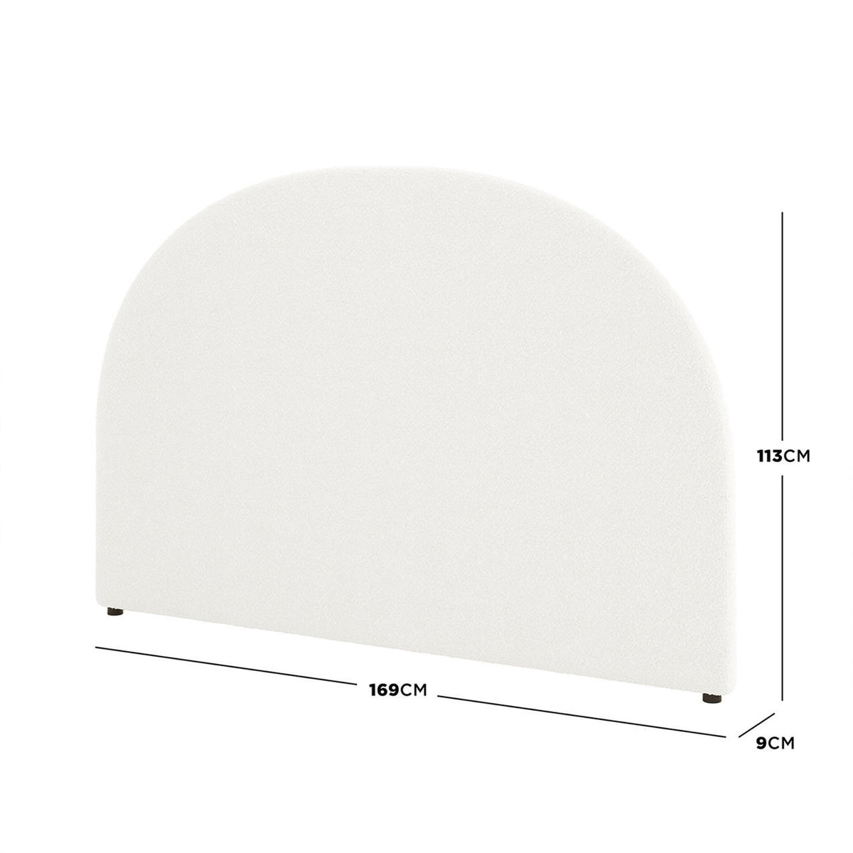 Florus Bouclé Queen Upholstered Round Bed Headboard - Cream White, featuring a gently rounded top and plush bouclé fabric, supported by a robust solid wood frame. Dimensions: 169 cm wide, 113 cm high, 9 cm thick.