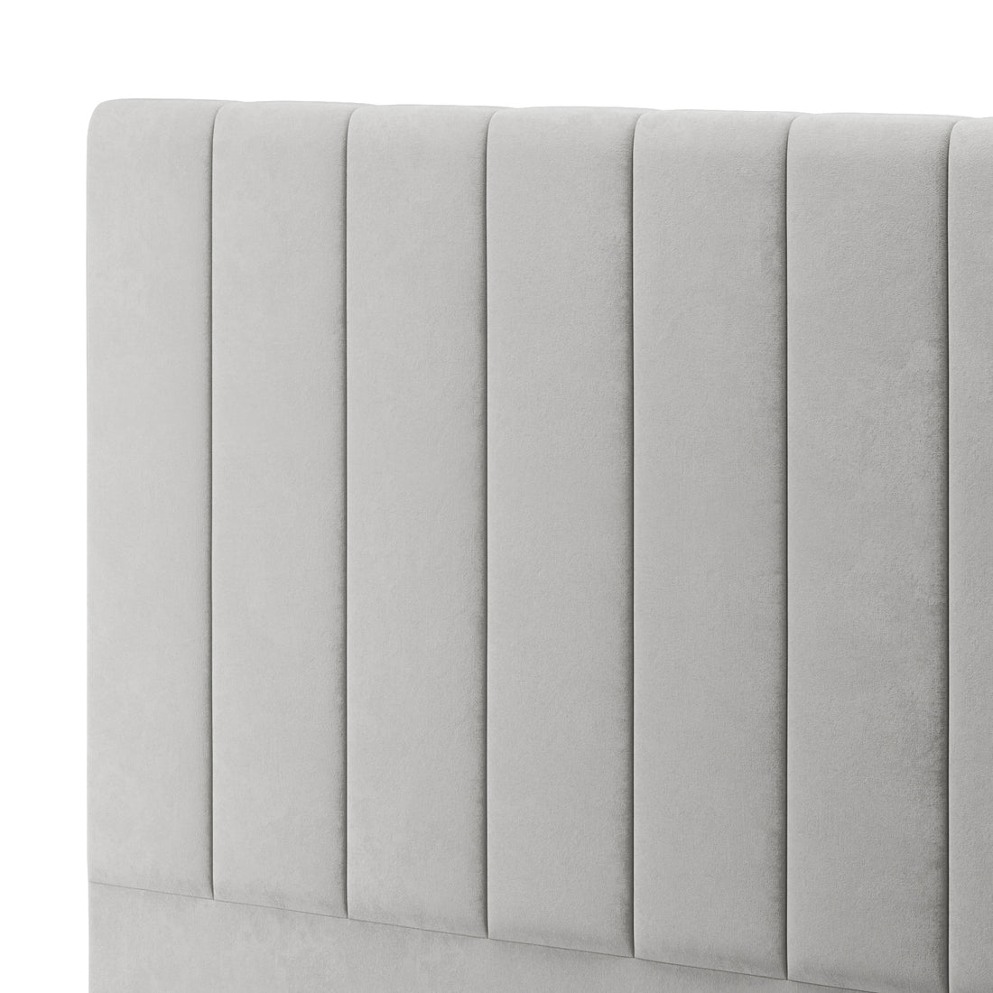 Gratiana Double Velvet Fabric Headboard in Slate features light-gray velvet upholstery with vertical tufting, offering a modern, streamlined look. The elegant design enhances bedroom sophistication and comfort.
