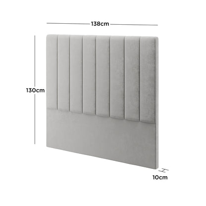 Gratiana Double Velvet Fabric Headboard in Slate, featuring a light grey vertically-channeled padded upper and smooth lower section, measuring 138 cm wide, 130 cm tall, and 10 cm thick.