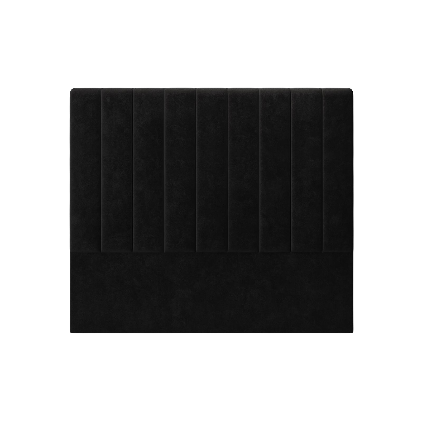 Gratiana Queen Velvet Fabric Headboard in Ink features a modern rectangular shape with vertical, channel-style padding on top and a smooth bottom panel, showcasing Art Deco elegance and sophistication.