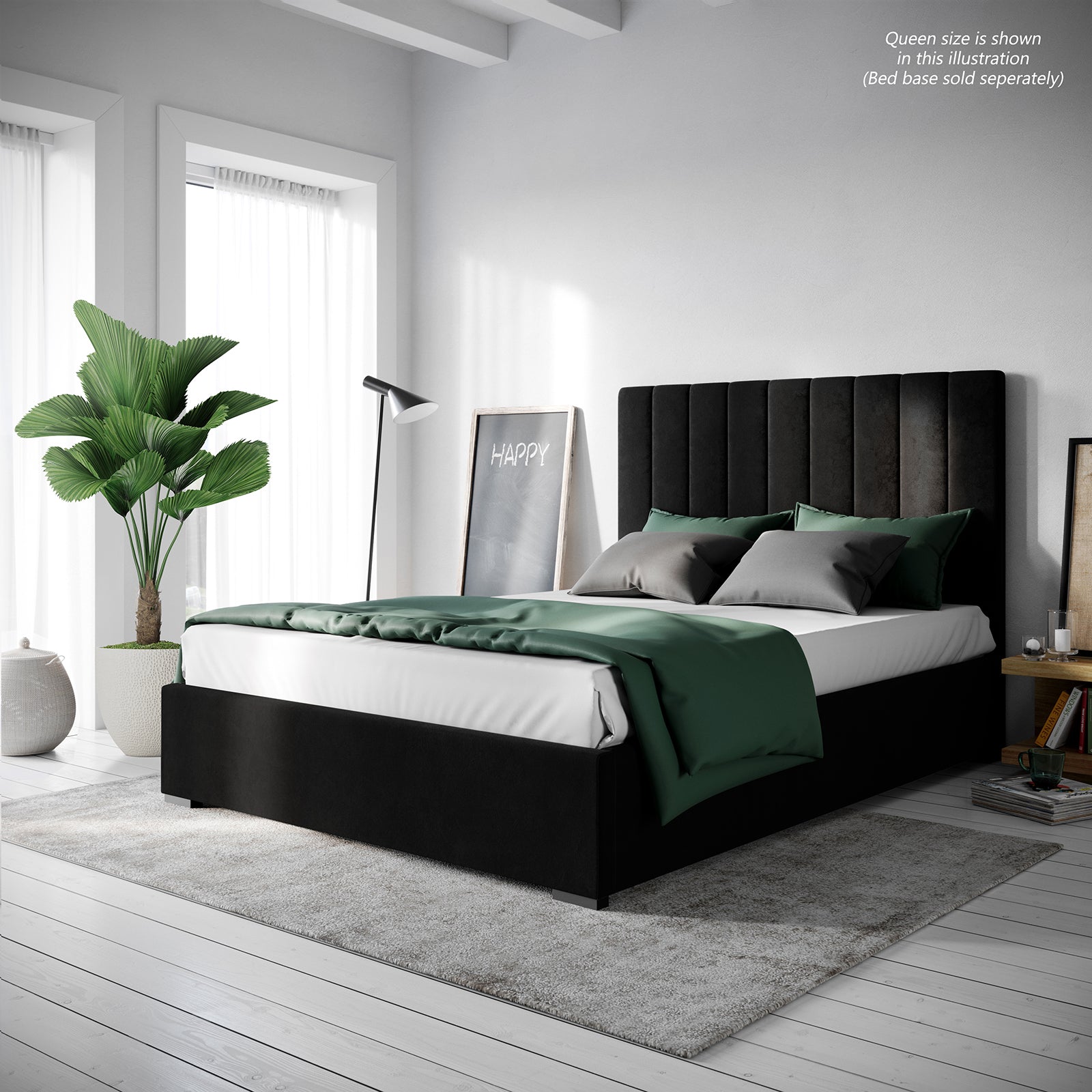 Gratiana Queen Velvet Fabric Headboard in Ink showcases a vertically tufted, ink-black velvet design, complementing a modern bedroom with white bedding, gray and green accents, and sheer-curtained windows.
