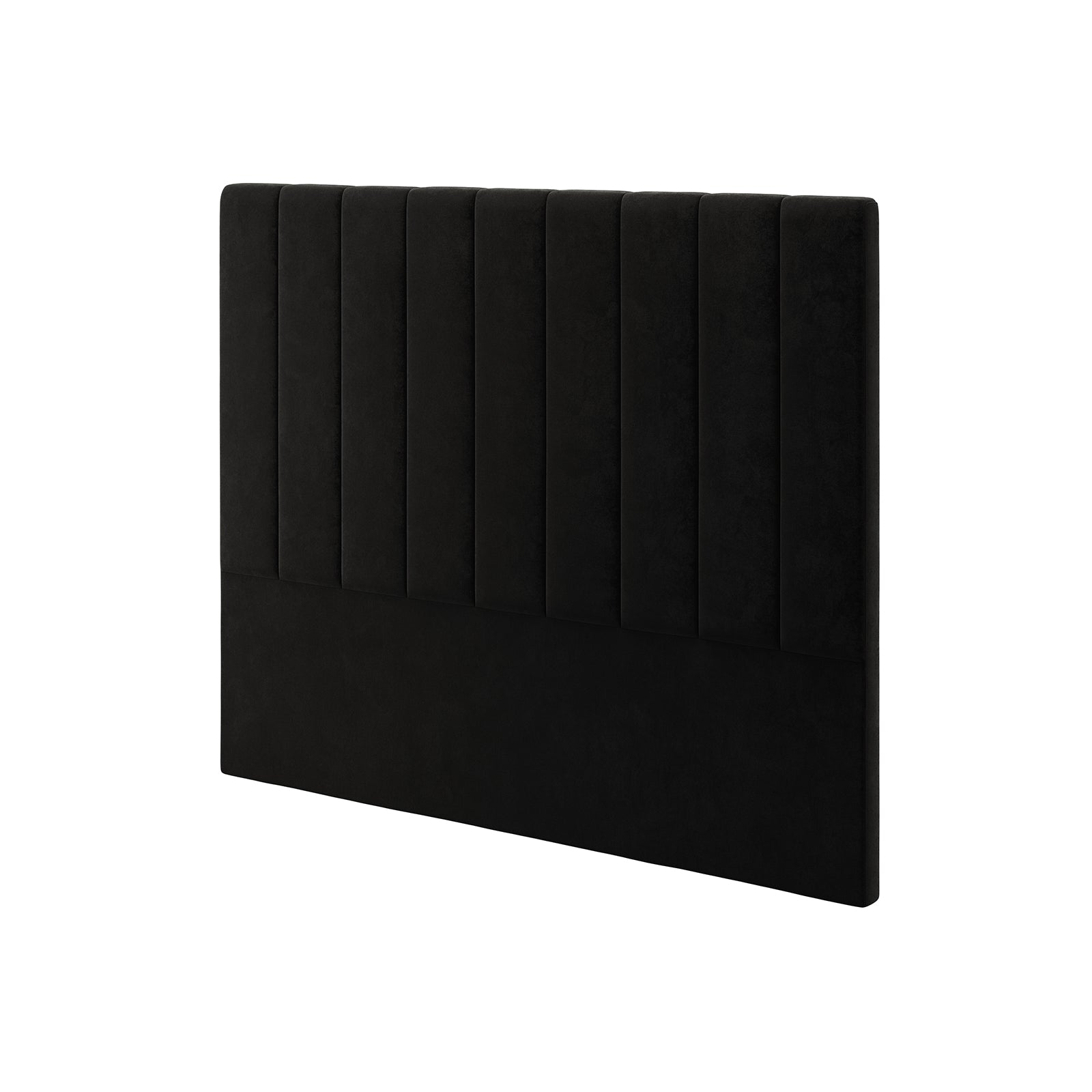 Gratiana Queen Velvet Fabric Headboard in Ink features a tall, black rectangular design with vertical channel tufting on top and a smooth lower panel, exuding timeless Art Deco elegance.