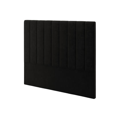 Gratiana Queen Velvet Fabric Headboard in Ink features a tall, black rectangular design with vertical channel tufting on top and a smooth lower panel, exuding timeless Art Deco elegance.