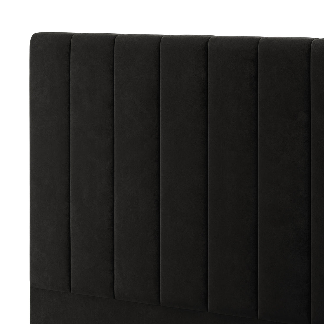 Gratiana Queen Velvet Fabric Headboard in Ink, showcasing a modern design with vertical channel tufting, plush velvet upholstery, and a curved silhouette for a sophisticated, padded look.