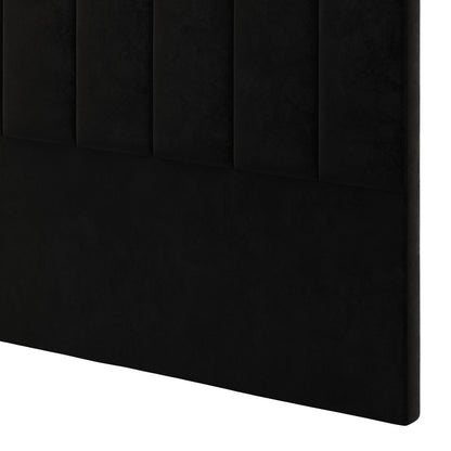 Gratiana Queen Velvet Fabric Headboard in Ink features a close-up of vertical channeling on its black upholstered surface, highlighting its sophisticated design with plush comfort and Art Deco elegance.