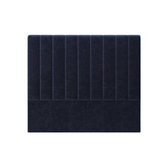 Gratiana Upholstered Velvet Headboard – Queen: A plush, navy velvet headboard with a curved silhouette and detailed stitching, offering a blend of Art Deco sophistication and modern minimalism.