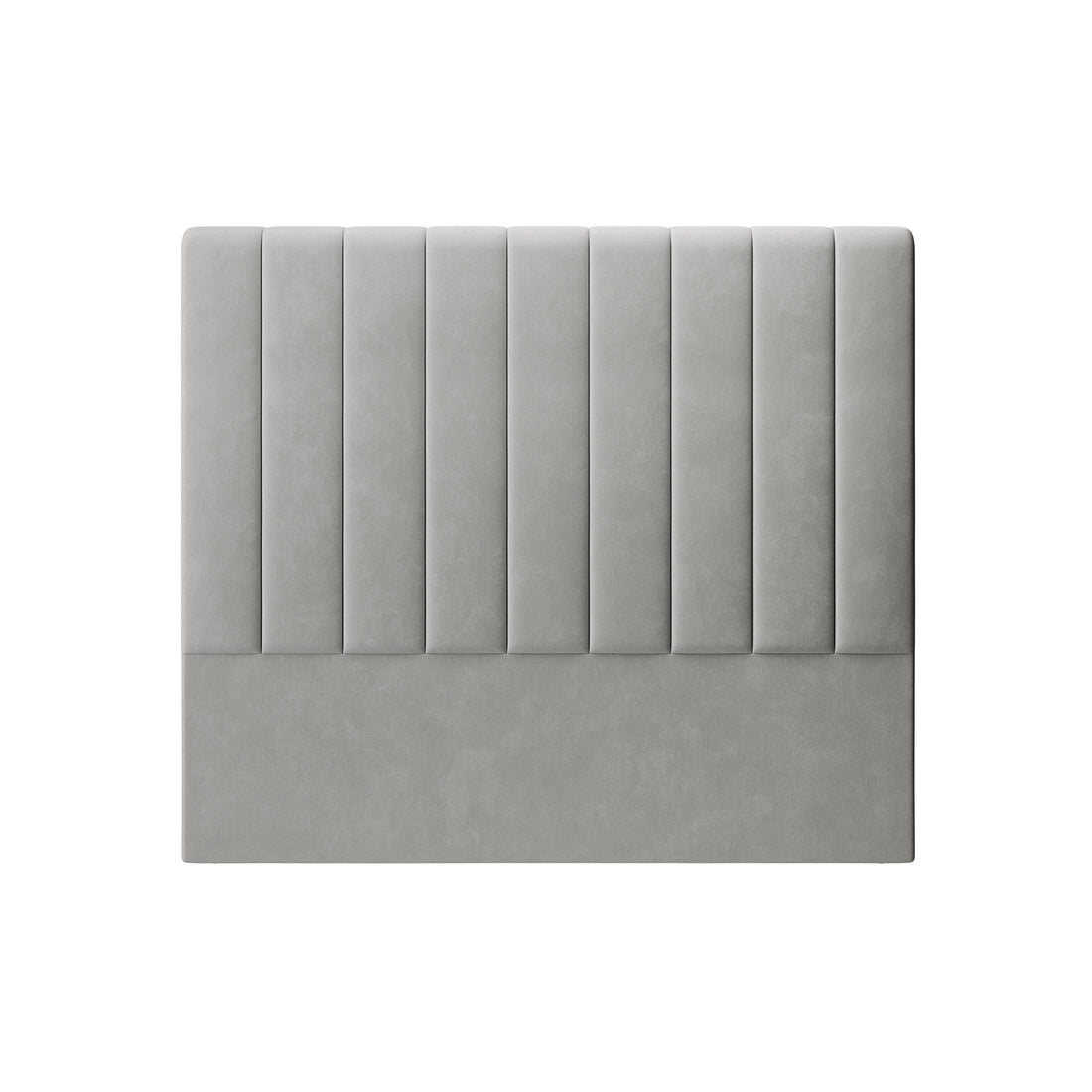 Gratiana Queen Velvet Fabric Headboard in Slate features vertical channeled panels on top and a smooth bottom third, showcasing a minimalist design against a white background.