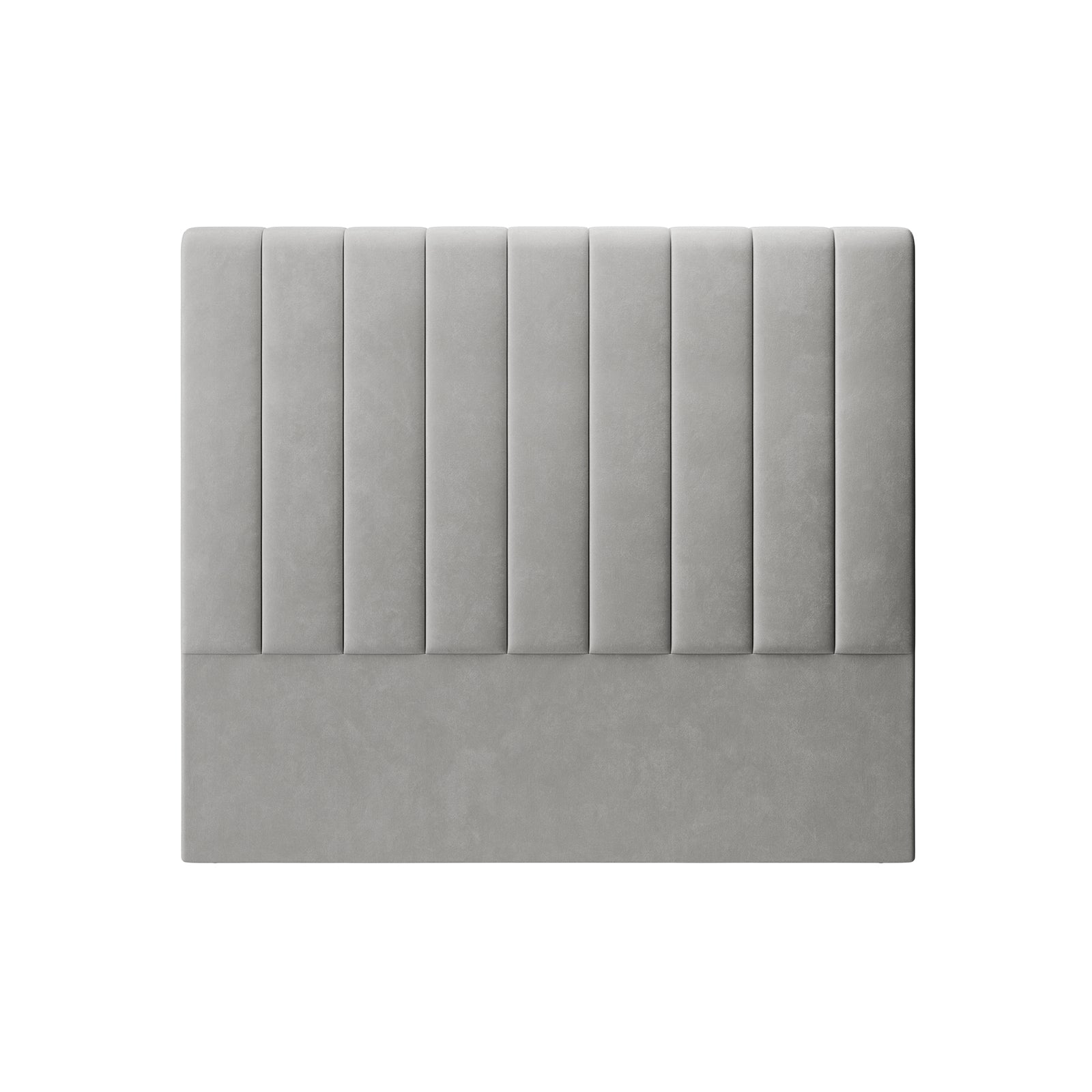 Gratiana Queen Velvet Fabric Headboard in Slate features vertical channeled panels on top and a smooth bottom third, showcasing a minimalist design against a white background.