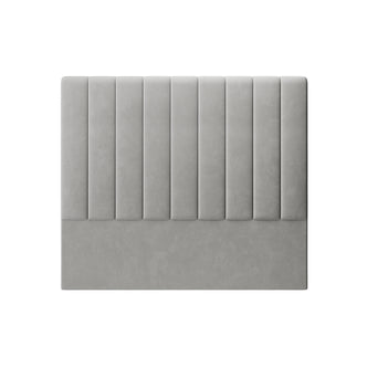 Gratiana Queen Velvet Fabric Headboard in Slate features vertical channeled panels on top and a smooth bottom third, showcasing a minimalist design against a white background.